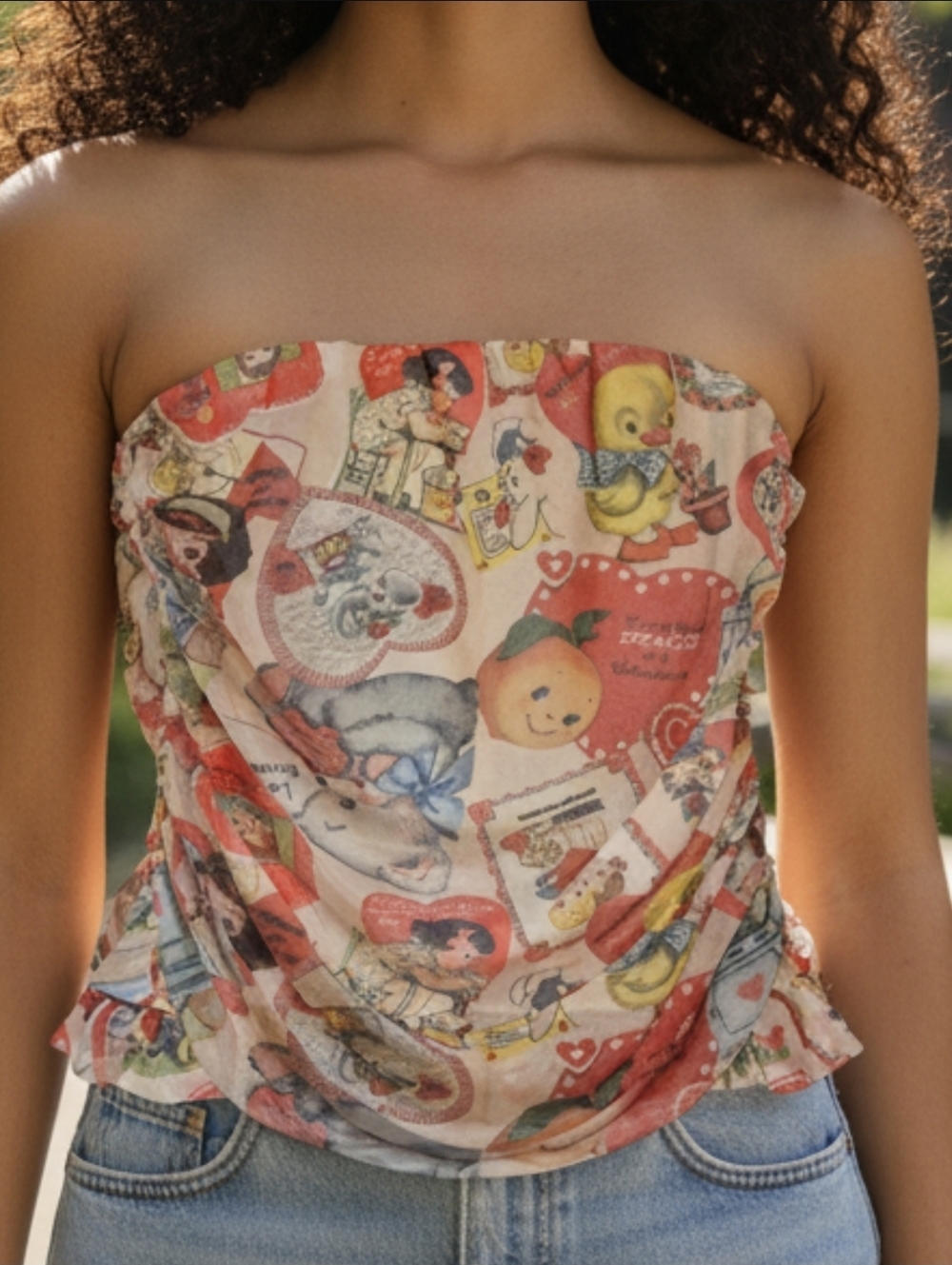 Peach & Coral Vintage-Print Valentine Cropped Mesh Tube Top Sz. 10 - Picture 1 of 12